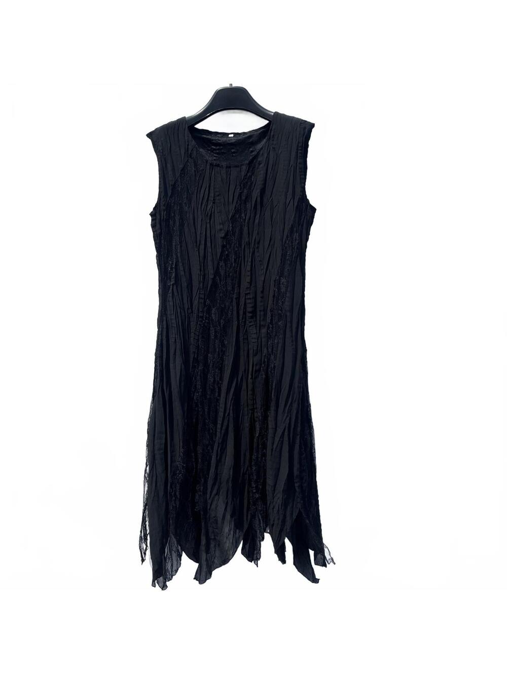 Gothic Whimsy Dark Fairy Black Lace Panels Sleeveless Crinkled Maxi Dress M/L